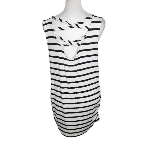 Loveappella Black and White Stripe Sleeveless Tunic with Side Ruching Size Large - Picture 2 of 10